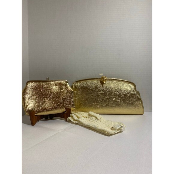 Set of 3 Vintage Metallic gold evening clutch+ large coin purse + gloves - Picture 4 of 12